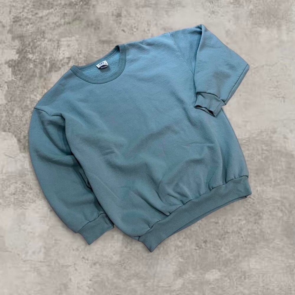 PFI Weave Sky Blue Crewneck USA Made Cotton Blend Sweatshirt L Cropped Boxy Dark